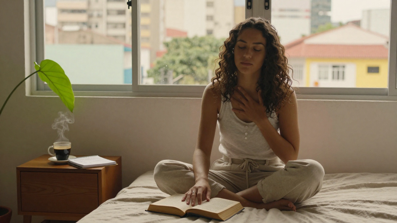 Mulher sentada de pernas cruzadas na cama lendo um livro com a mão no peito em ambiente iluminado.