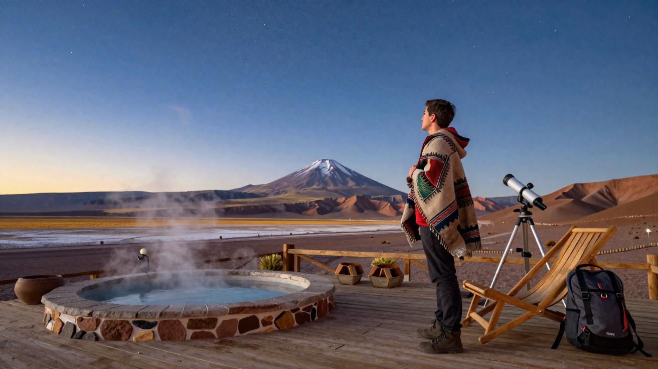 Jovem observa montanha nevada ao amanhecer junto a banheira de hidromassagem e telescópio em área rústica.