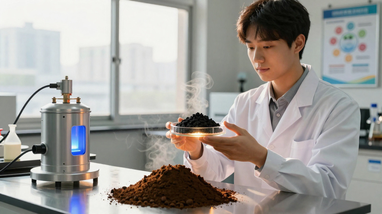 Cientista em laboratório segurando placa com amostra de carvão acima de monte de solo, ao lado de aparelho analítico.