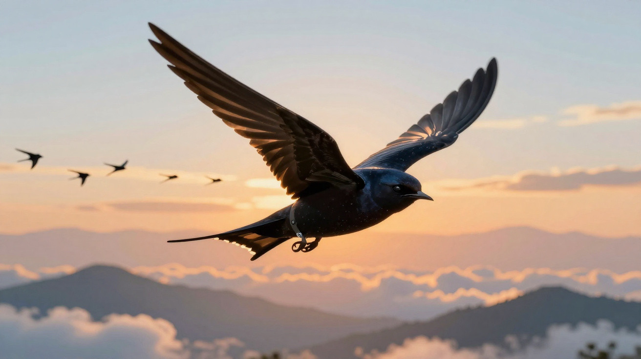 Pássaro preto voando ao entardecer com montanhas e outras aves ao fundo.