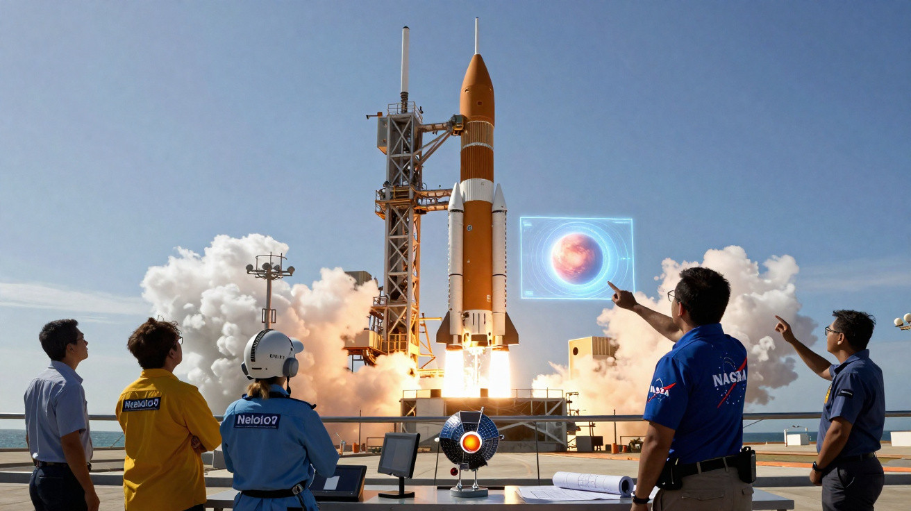 Equipe da NASA monitora lançamento de foguete em plataforma com projeção digital de planeta vermelho.