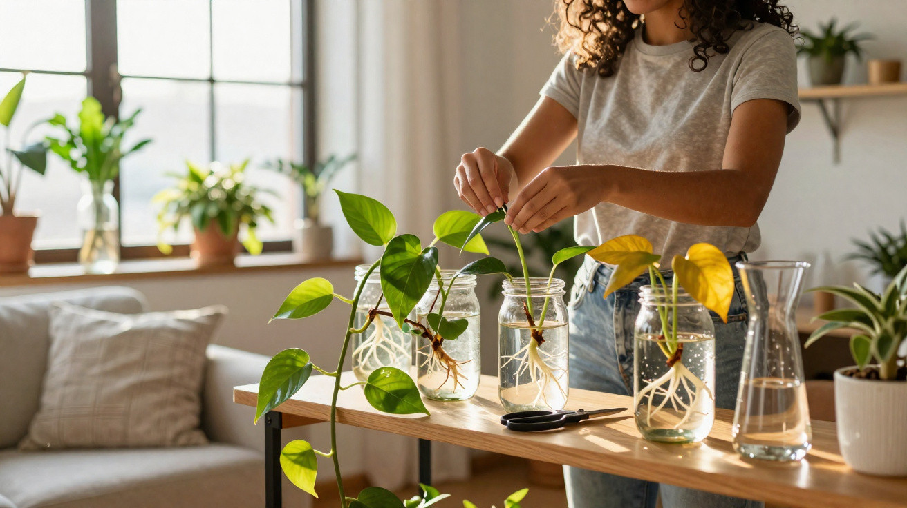 Mulher cuidando de plantas em jarros com água em ambiente iluminado e aconchegante.