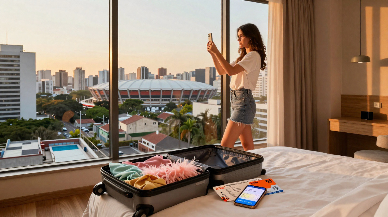 Mulher em quarto de hotel tirando foto com celular, mala aberta na cama e vista de estádio ao fundo.