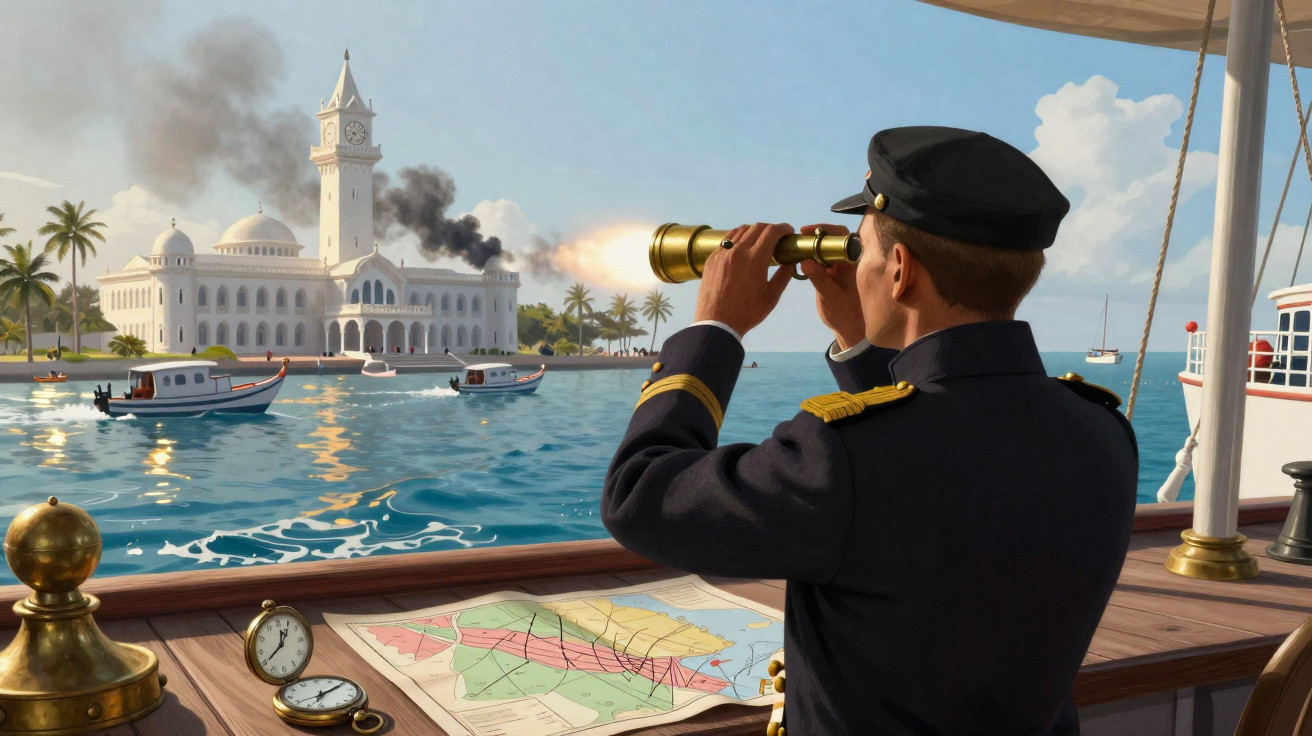 Homem fardado observa com luneta edifício em chamas no mar, com barcos e mapas sobre mesa de madeira.