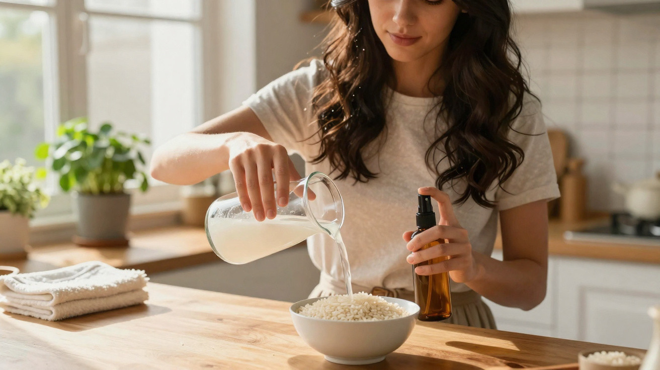 Mulher na cozinha derramando líquido branco em uma tigela de arroz com um frasco âmbar na mão.