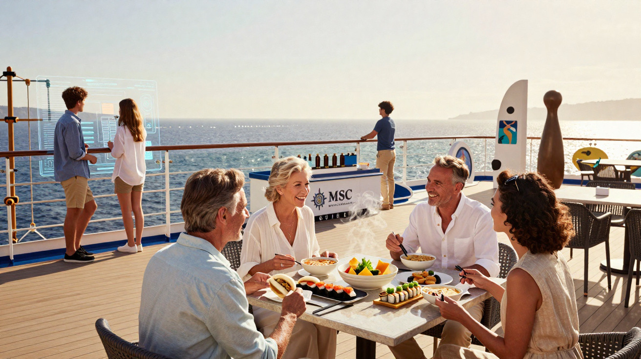 Grupo de quatro pessoas sorrindo e comendo sushi em mesa ao ar livre em navio de cruzeiro.