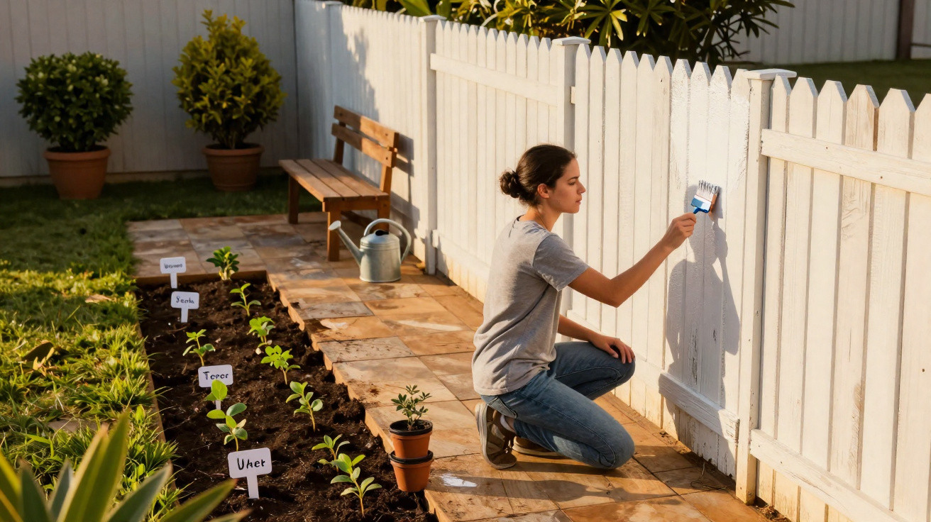 Mulher pintando cerca branca de madeira no jardim ao lado de canteiro com mudas e placa de identificação.