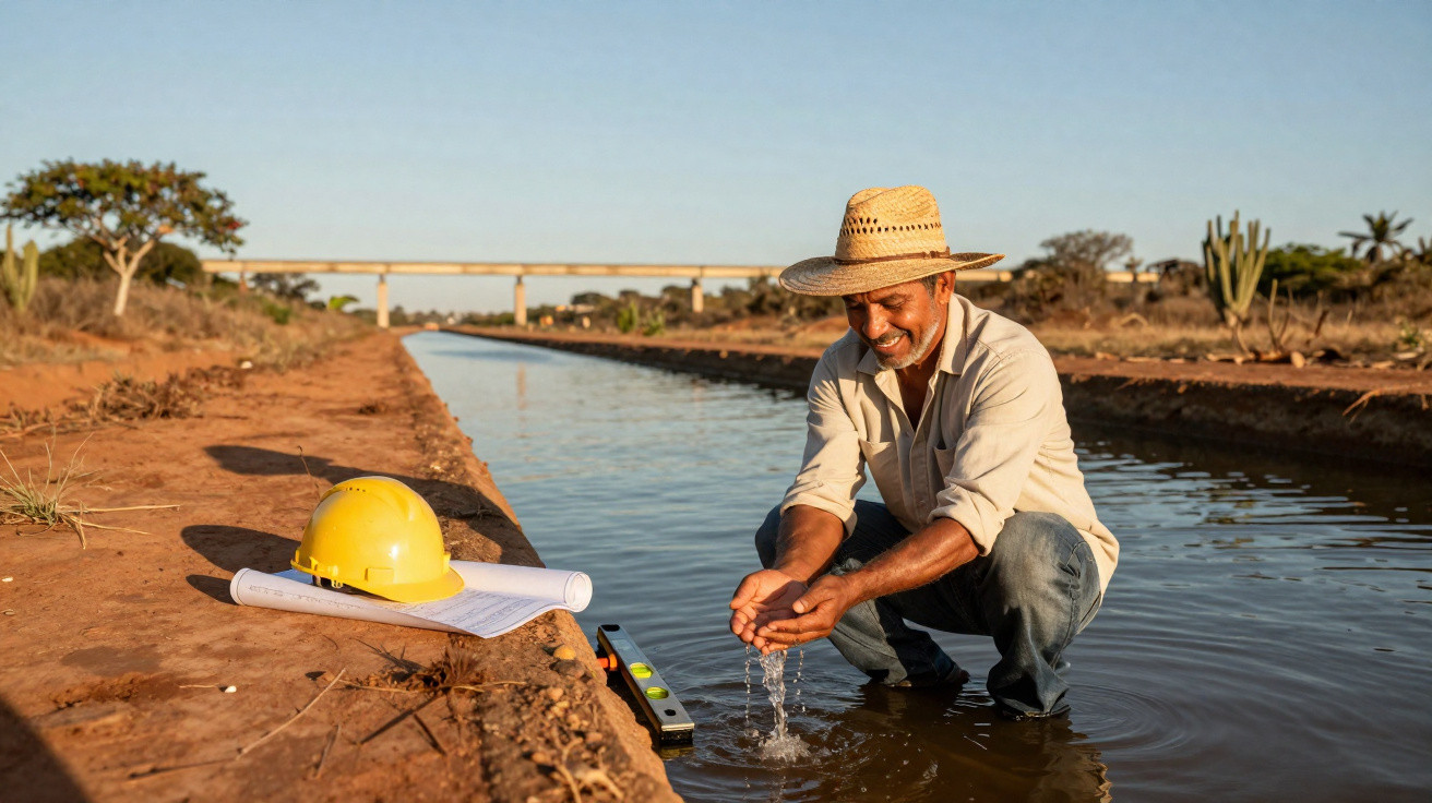 Homem com chapéu colhendo água em canal de irrigação, com capacete e plantas ao redor.