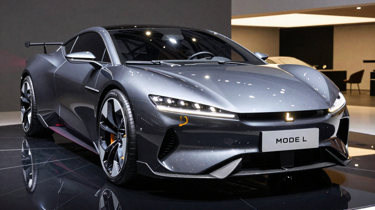 Carro esportivo elétrico cinza prata, modelo L, exibido em salão com piso refletivo e iluminação moderna.