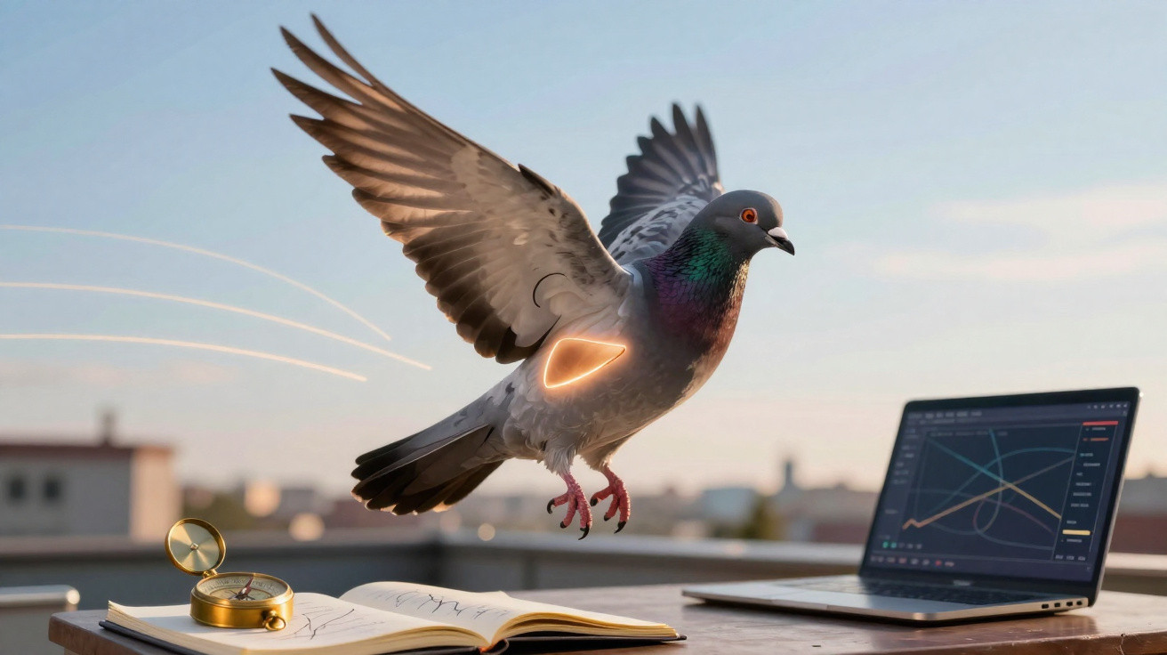 Pombo voando perto de notebook com gráficos, livro aberto e bússola sobre mesa ao ar livre.