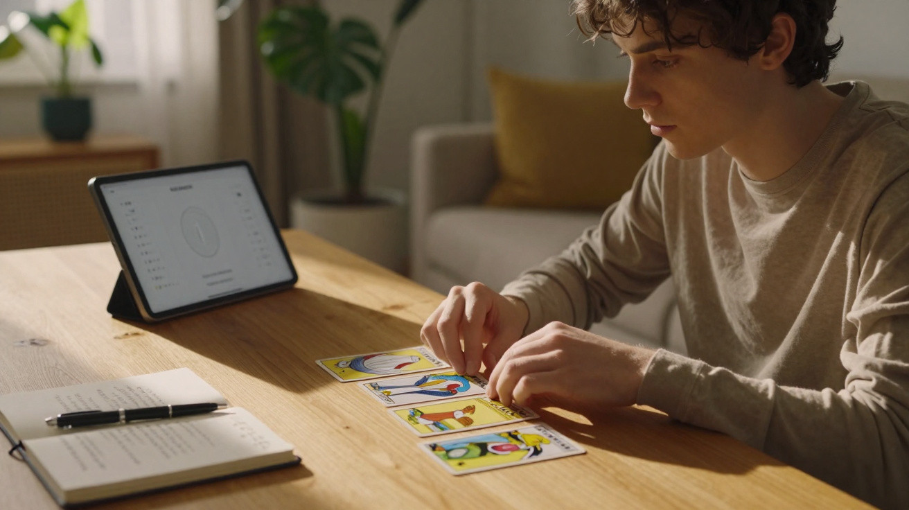 Jovem sentado à mesa organizando cartas de tarô com tablet e caderno ao lado em ambiente iluminado.
