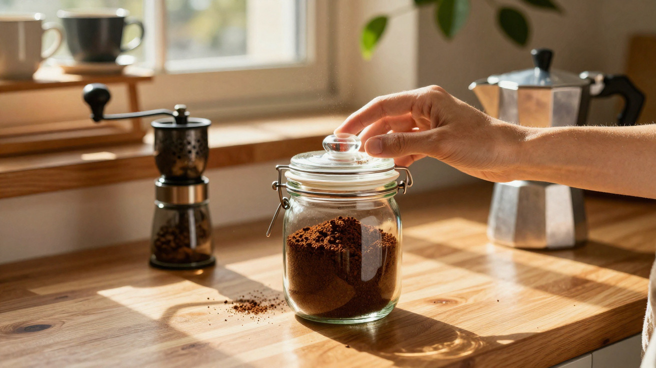 Mão abrindo pote de vidro com café moído sobre bancada de madeira em cozinha iluminada.