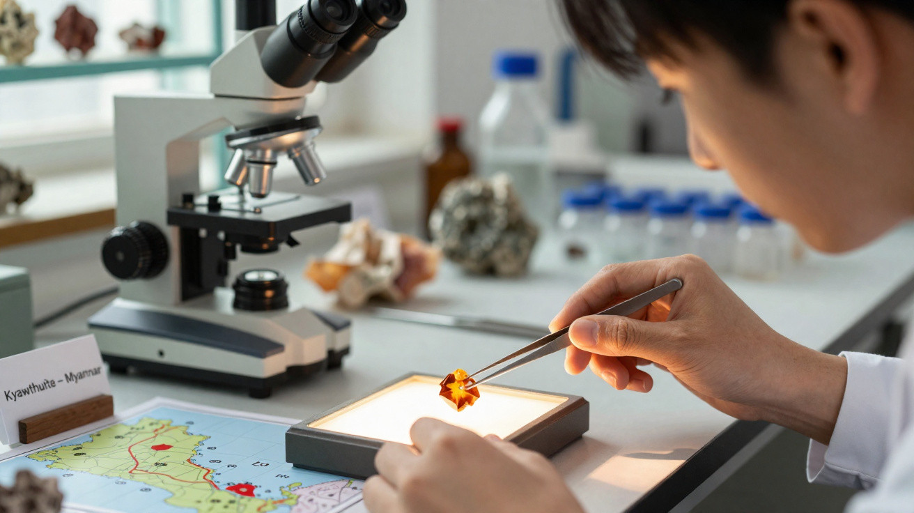 Pessoa analisando mineral com pinça em bancada de laboratório ao lado de microscópio e mapa.