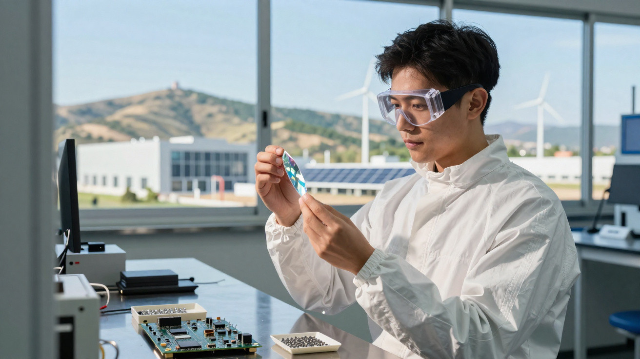 Jovem cientista em laboratório segurando um disco semicondutor com equipamentos eletrônicos ao redor.