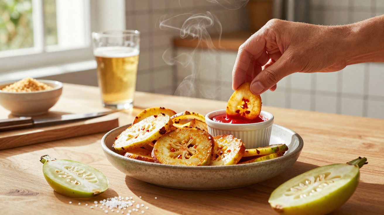 Mão mergulhando slice de tomate de árvore frito em molho vermelho com cerveja e tomate na mesa de madeira.