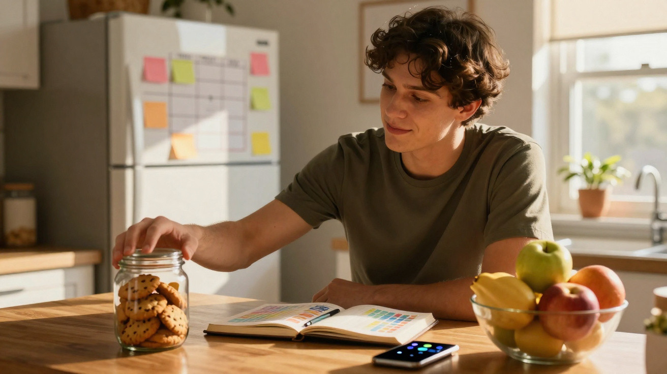Jovem sentado à mesa pegando um biscoito de pote, com livro aberto e frutas na cozinha iluminada pelo sol.