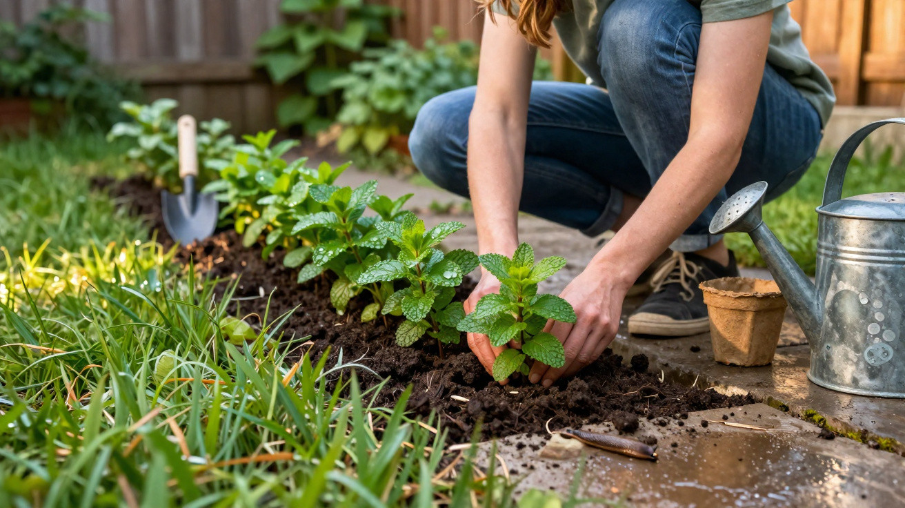 Pessoa plantando mudas em jardim com regador, utensílios de jardinagem e plantas verdes ao redor.