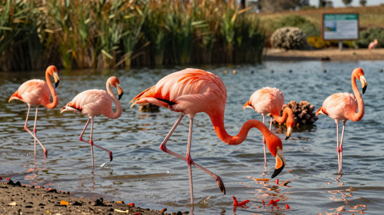 Grupo de flamingos cor-de-rosa em lago raso com vegetação ao fundo em dia ensolarado.