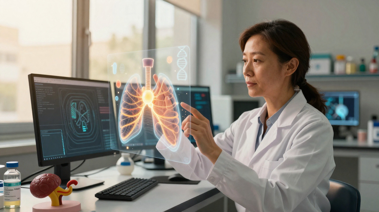 Mulher cientista analisando imagem holográfica dos pulmões em laboratório moderno com computadores e modelo anatômico.