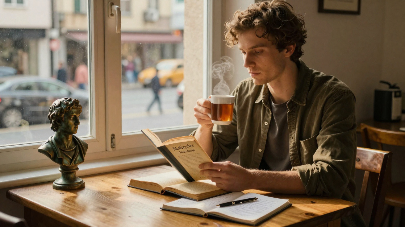Homem sentado em mesa próxima à janela lendo livro e tomando chá quente em ambiente acolhedor.