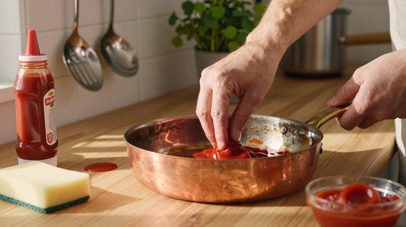 Pessoa apertando esponja molhada em ketchup dentro de panela de cobre em bancada de cozinha.