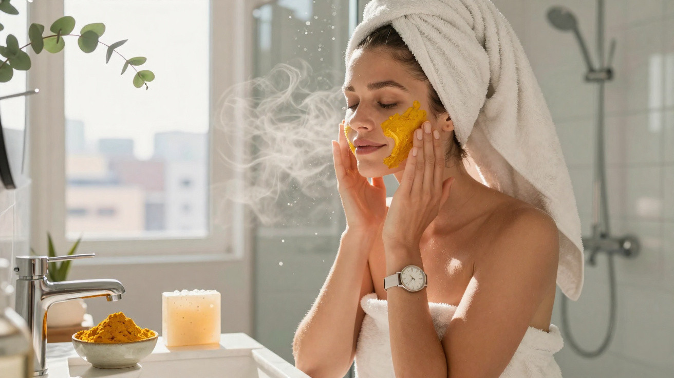 Mulher com toalha na cabeça aplicando máscara facial amarela em banheiro iluminado.