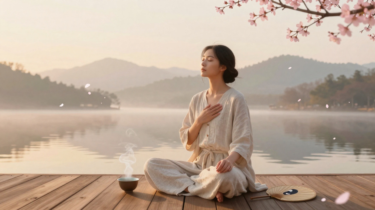 Mulher meditando sentada em deck de madeira à beira de lago com flores de cerejeira ao redor.