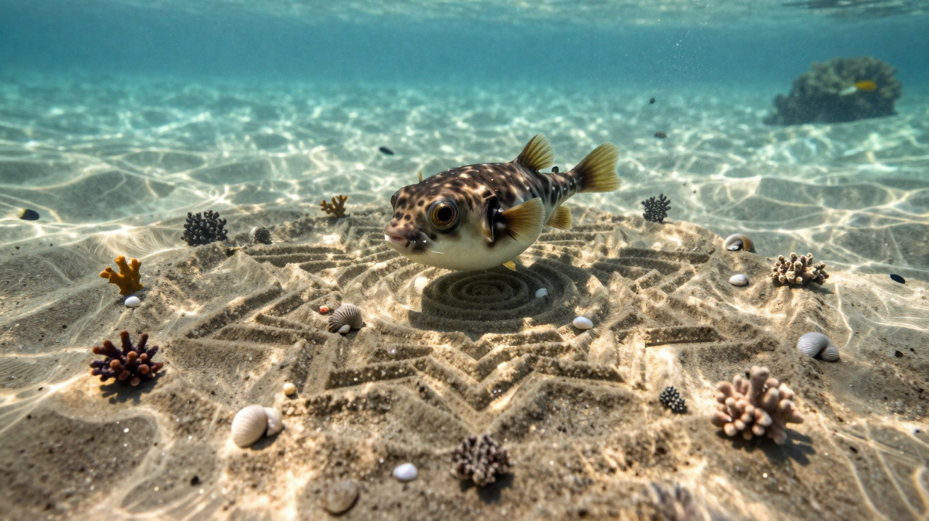Peixe-baiacu sobre areia com desenho geométrico, corais pequenos e conchas no fundo do mar claro.