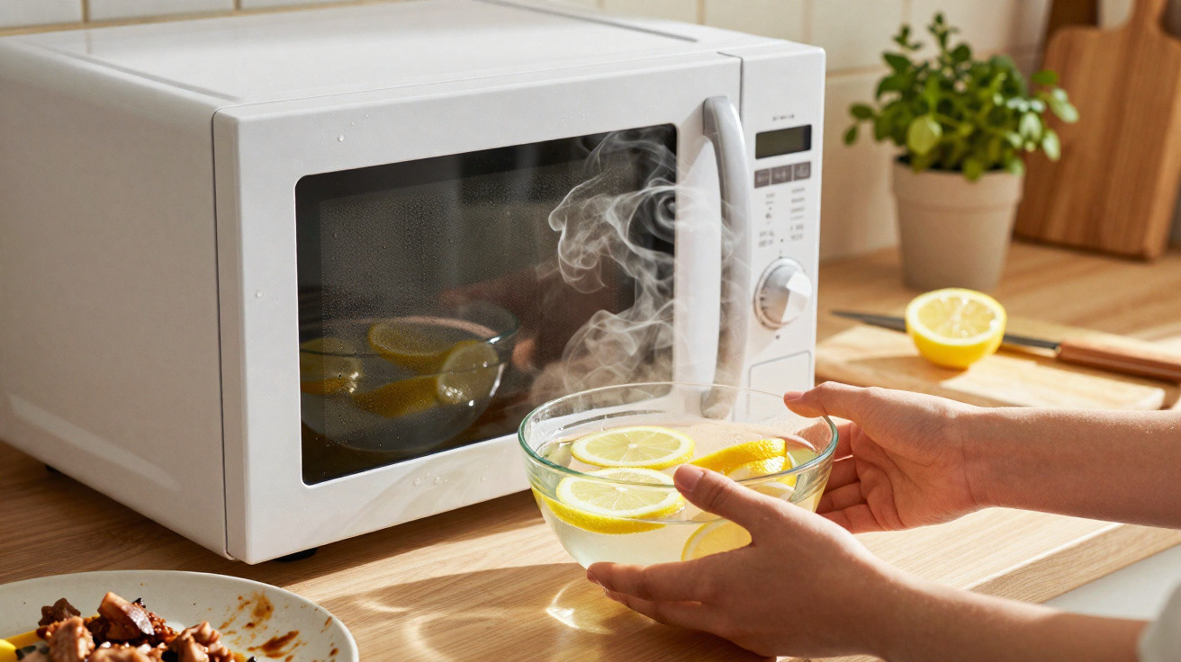 Pessoa retirando tigela com fatias de limão e vapor do micro-ondas em cozinha iluminada.