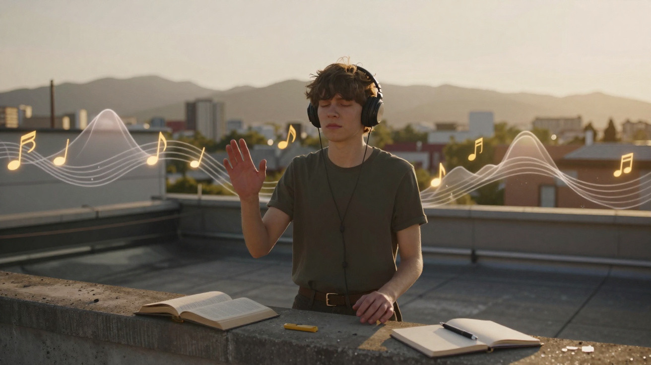 Jovem de olhos fechados ouvindo música com fones, com notas musicais ilustradas ao redor no terraço.