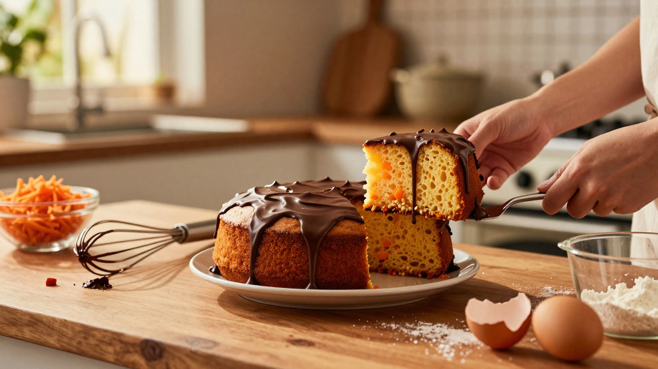 Bolo de cenoura com cobertura de chocolate sendo cortado em cozinha com ingredientes ao redor.