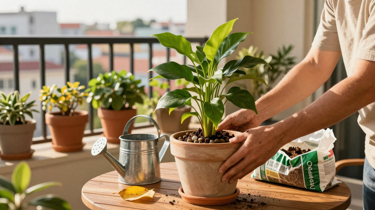 Pessoa cuidando de planta em vaso de cerâmica sobre mesa de madeira em varanda ensolarada.