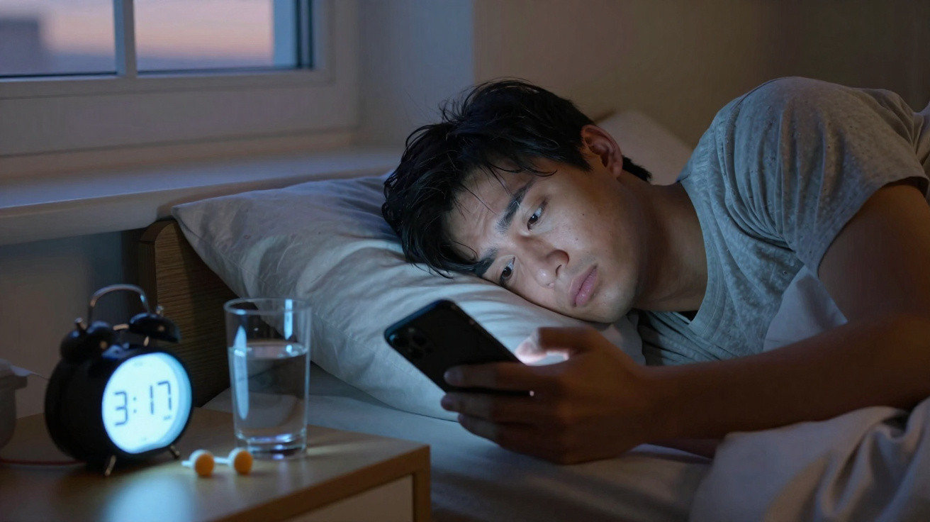 Homem deitado na cama olhando para o celular às 3h17 da manhã, com copo de água e relógio ao lado.