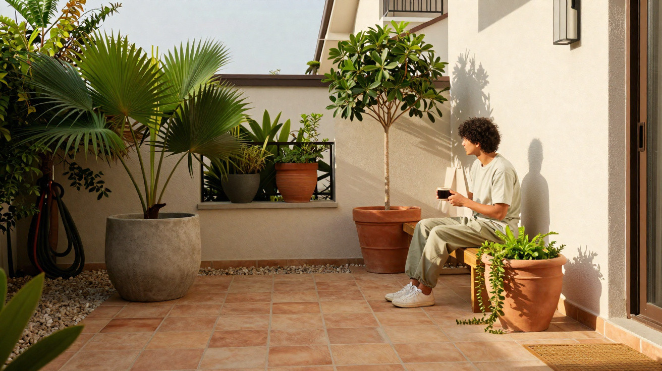 Pessoa sentada em banco no terraço com plantas em vasos sob luz do sol.