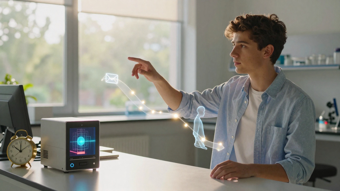 Jovem usando tecnologia futurista com holograma interativo em ambiente iluminado e moderno.
