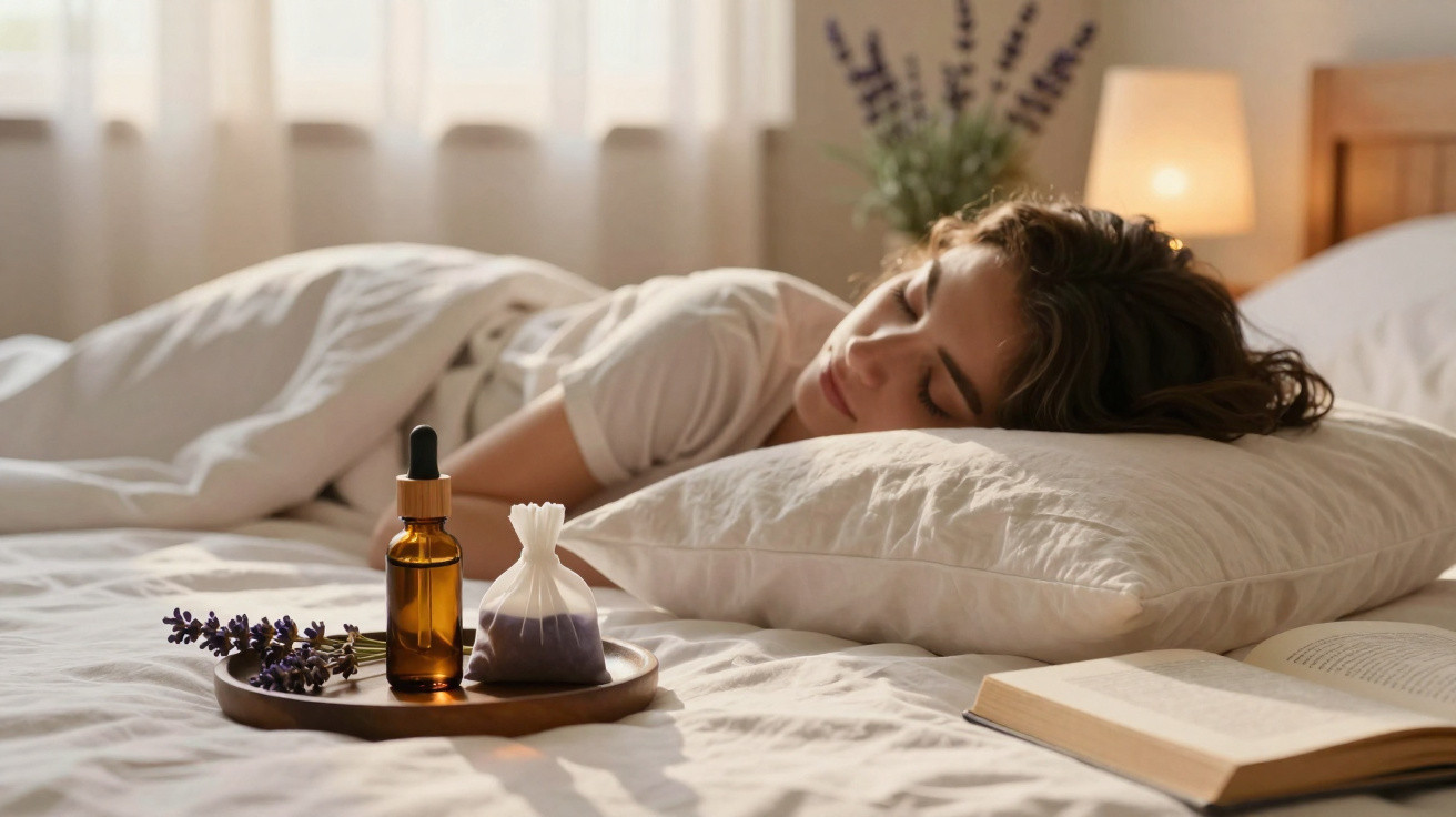 Mulher dormindo na cama com travesseiro, ao lado óleo essencial, sachê de lavanda e livro aberto.