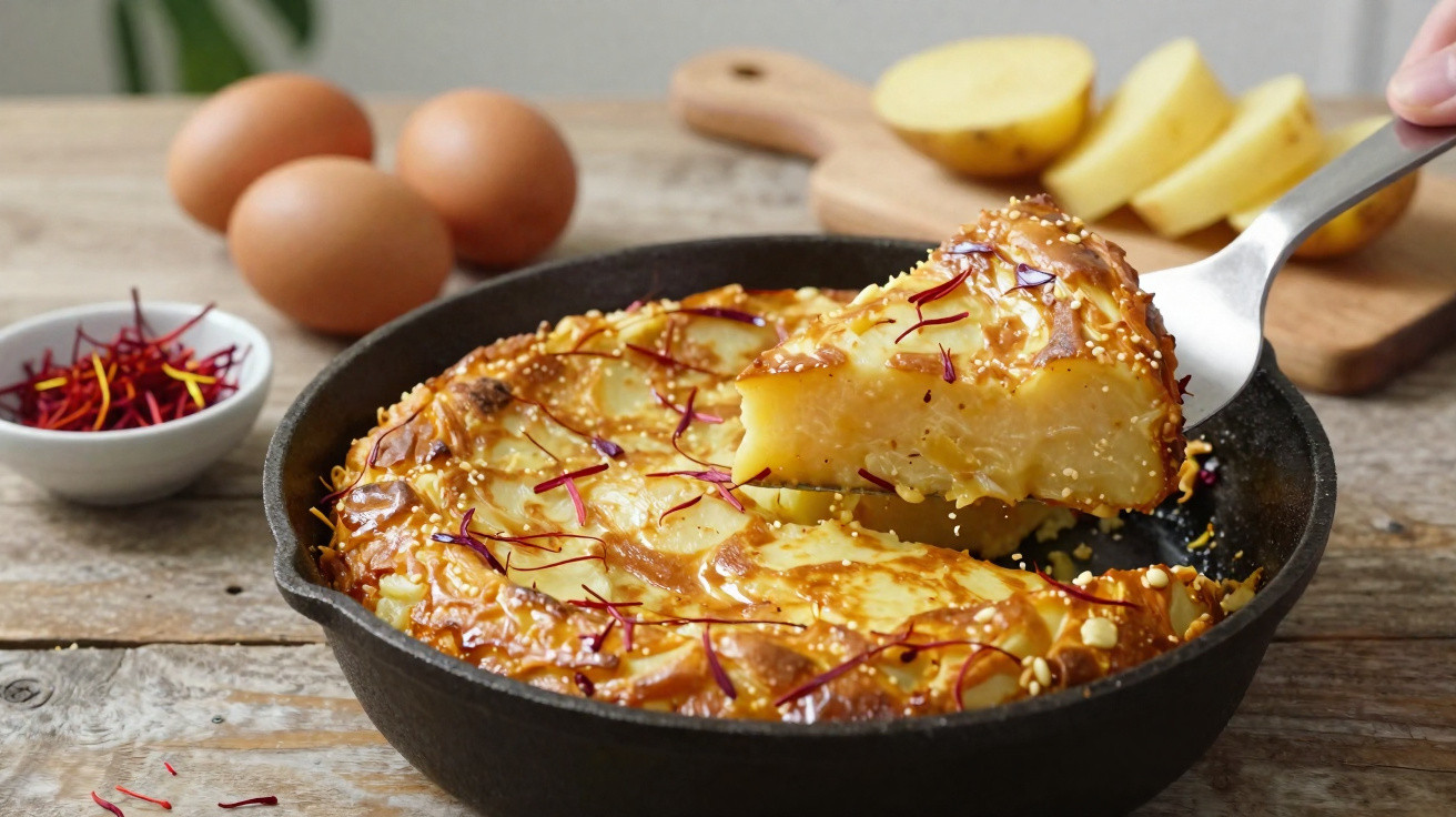 Tortilla de batata dourada em frigideira com ovos, batatas e açafrão em fundo rústico.