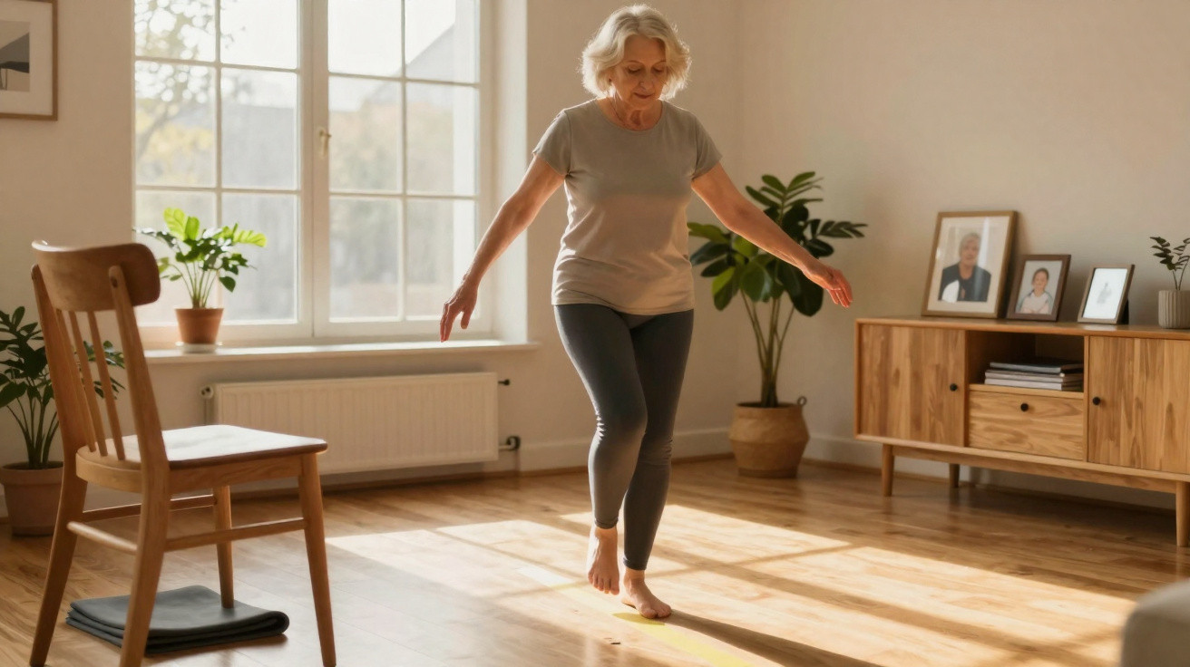 Mulher idosa descalça equilibrando-se em um pé dentro de sala iluminada, com planta e cadeira ao fundo.