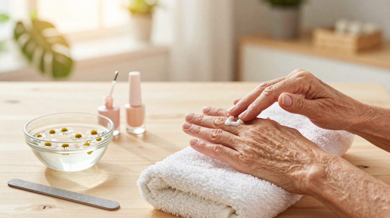 Mãos envelhecidas recebendo creme hidratante sobre toalha branca em mesa de madeira clara.