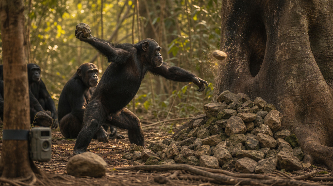 Chimpanzé usando pedra para abrir castanha em árvore, com outros chimpanzés observando na floresta.