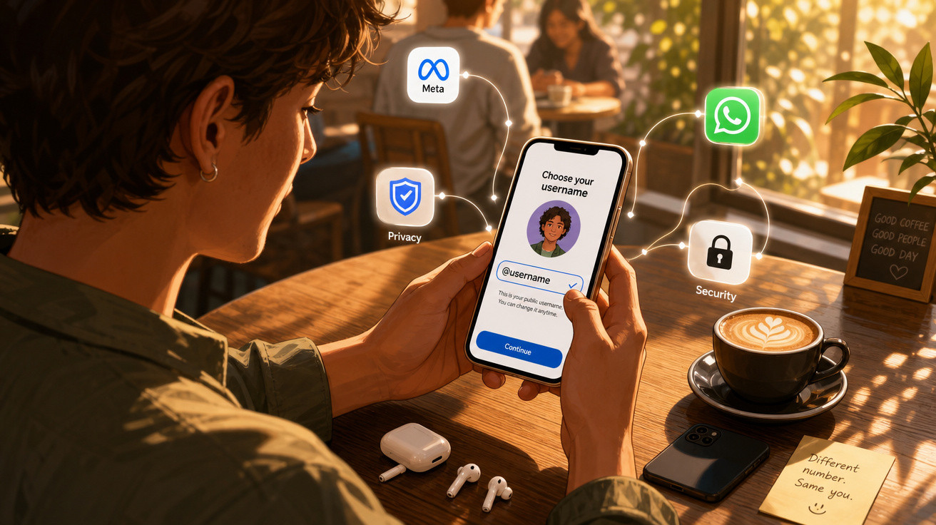 Pessoa segurando celular com tela para escolher nome de usuário, ao lado de café, fone e ícones de Meta, WhatsApp, privacidad