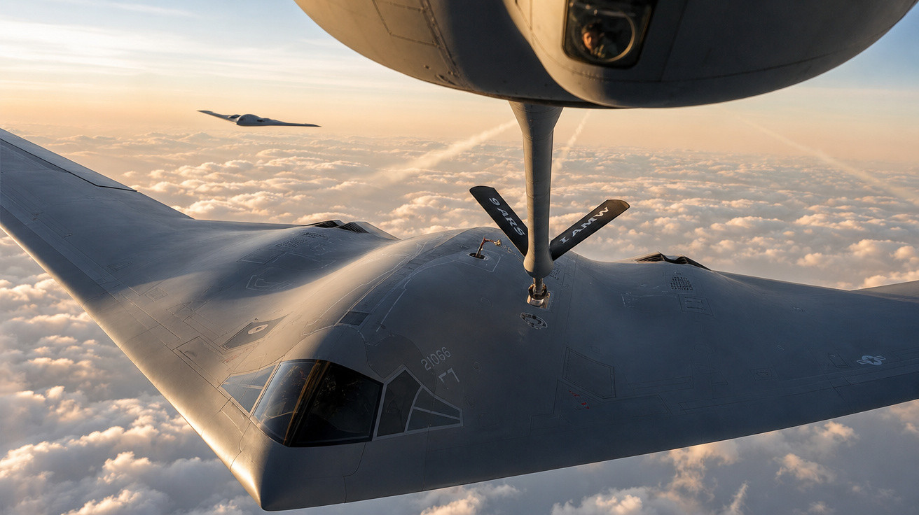Avião militar furtivo sendo reabastecido em voo acima das nuvens ao pôr do sol.