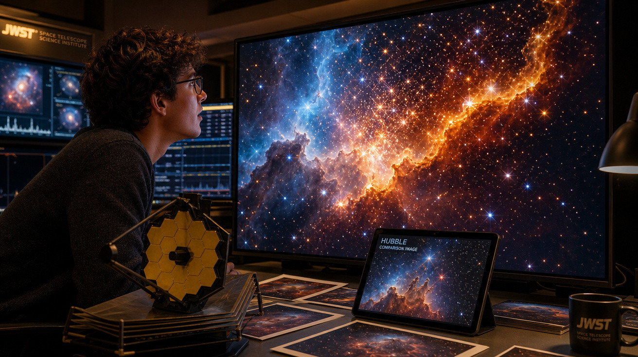 Pessoa observa imagens do espaço mostradas em telas no Instituto de Ciências do Telescópio Espacial JWST.
