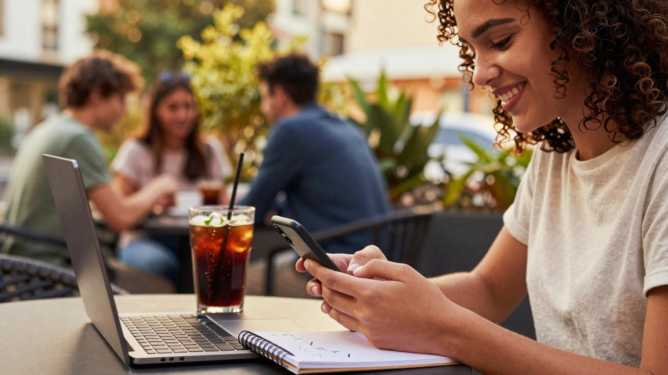 Mulher sorridente usando celular ao ar livre com laptop, caderno e copo de bebida na mesa.