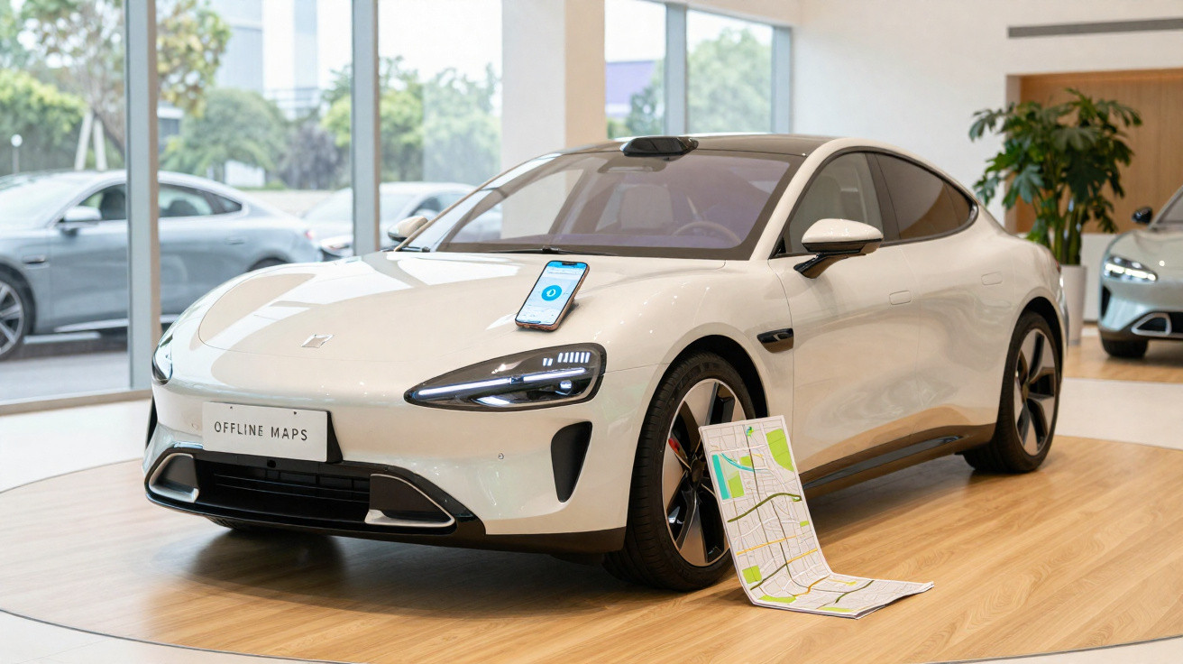 Carro elétrico branco exibido em showroom com mapa de papel no chão e celular apoiado no capô.