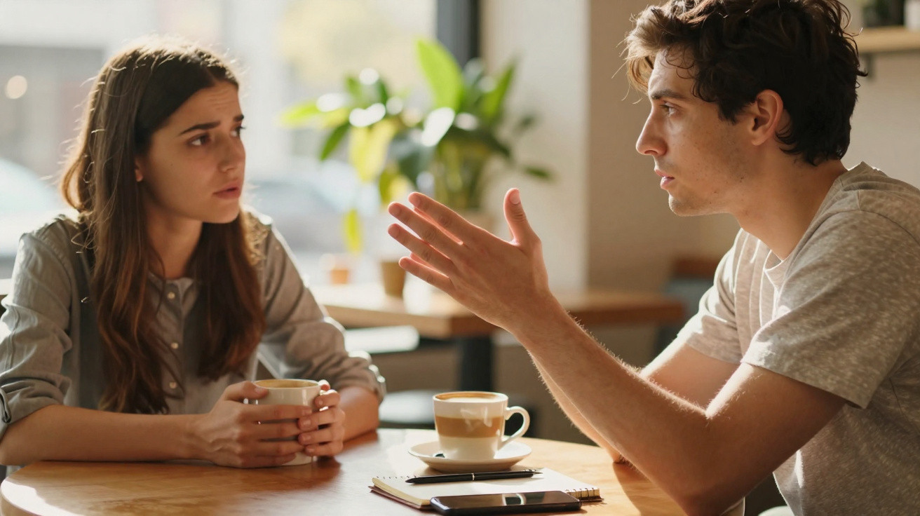 Jovem casal conversando seriamente em uma cafeteria, com xícaras de café sobre a mesa.