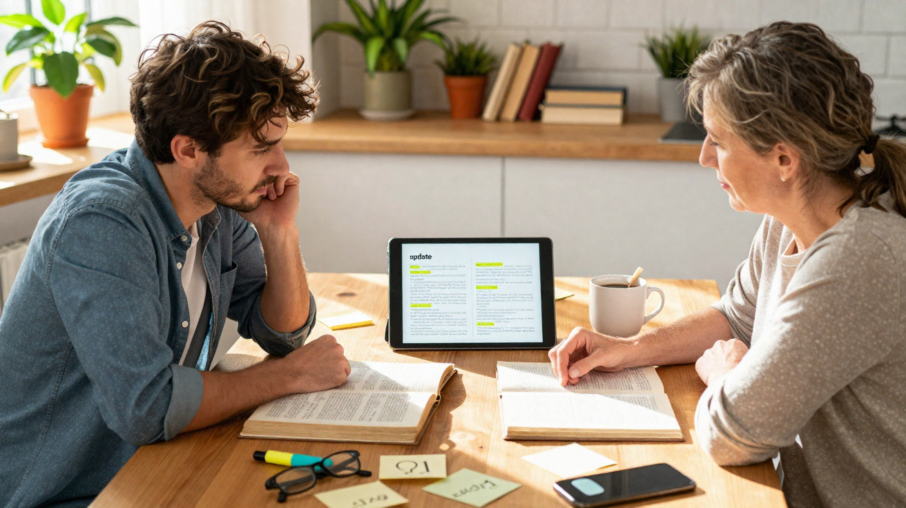 Homem e mulher estudando juntos com livros, tablet e anotações em mesa de madeira.