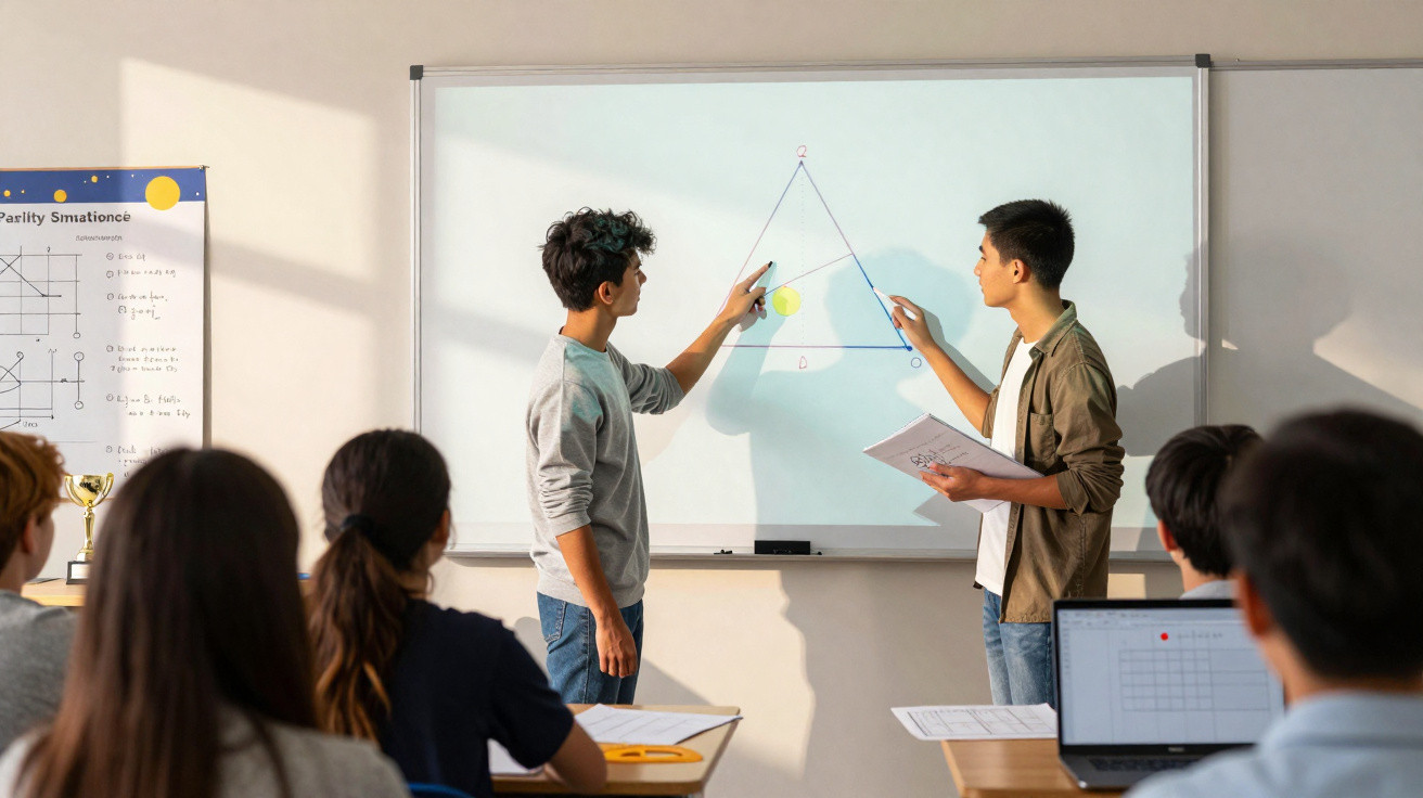 Dois jovens explicam geometria na lousa enquanto colegas assistem atentos em sala de aula.