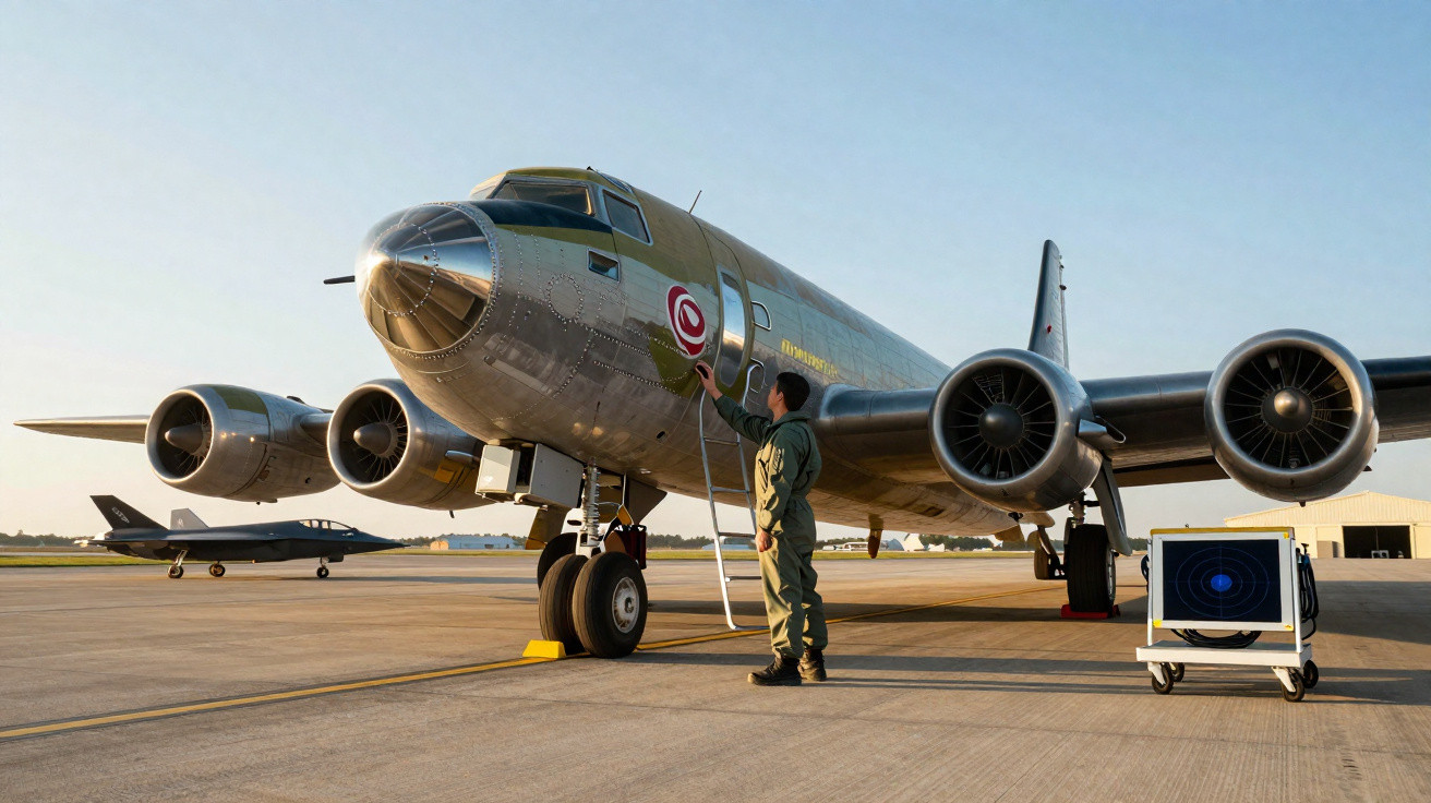 Militar em uniforme verde limpa o nariz de um avião de quatro motores estacionado no aeroporto ao entardecer.