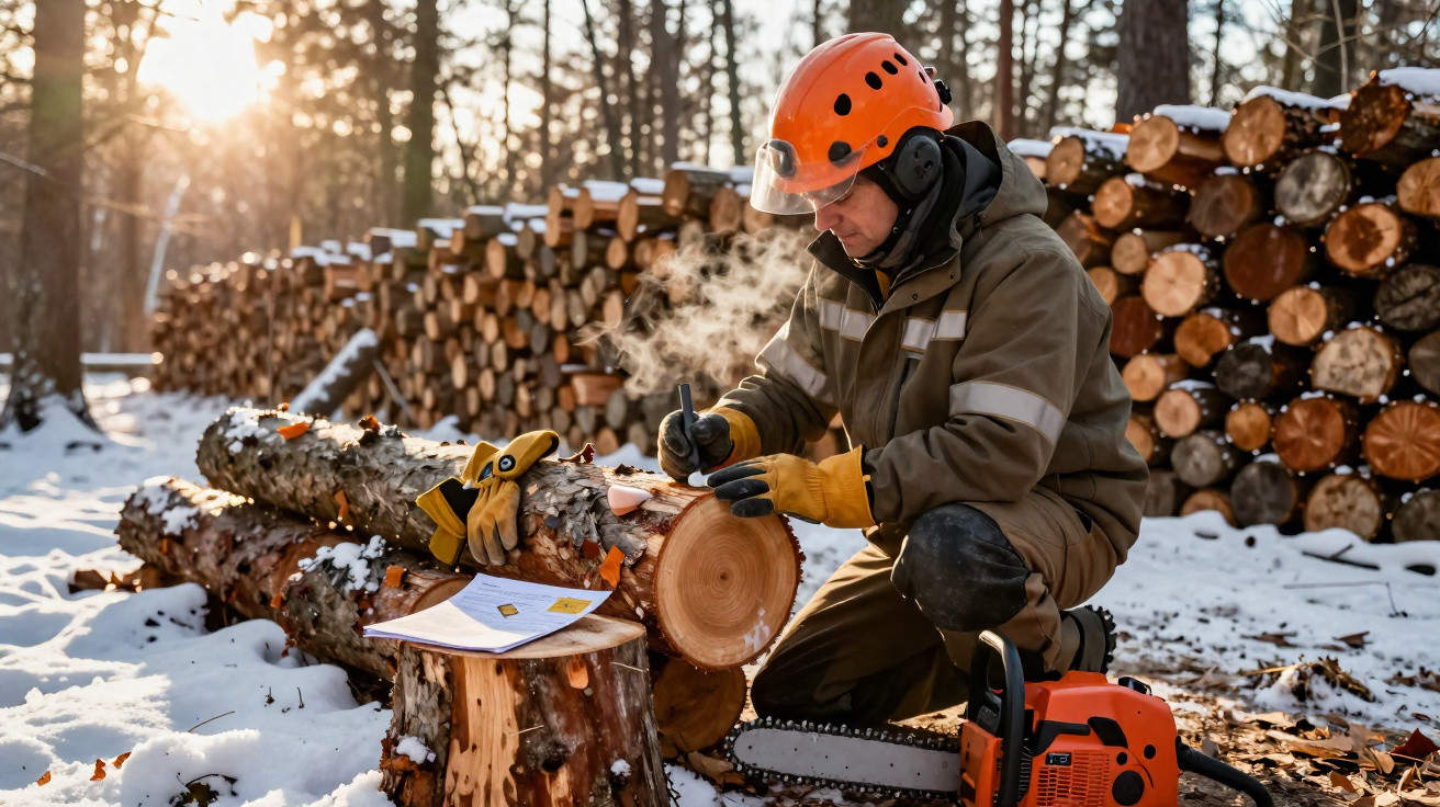 Lenhador com capacete laranja e roupa de proteção marcando tronco de árvore na neve, ao lado de motosserra.